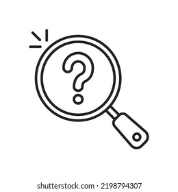 icono negro de lupa de línea delgada con signo de interrogación. tendencia lineal plana escrutinio lineal moderno o investigación logotipo de diseño de arte de trazo de diseño web aislado en blanco. concepto de inspección o placa de encuesta