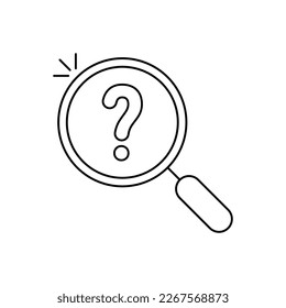 thin line magnifier black icon with question mark. flat linear trend modern lineart scrutiny or inquiry logotype stroke art design web element isolated on white. concept of inspect or survey badge