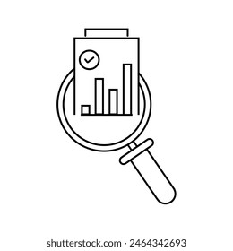 thin line magnifier like income scrutiny overview icon. flat trend lineart simple exam or profit logotype stroke art web design isolated on white. concept of inspection pictogram or survey symbol