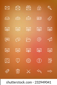 Thin line mail icons set for web and mobile apps. White icons on the blurred orange background. Message, envelope, archive, spam