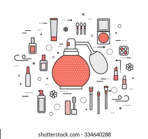 Thin Line Makeup Tools Modern Illustration Concept. Infographic Cosmetic Equipment For Beauty. Icons On Isolated White Background. Flat Vector Template Design For Web And Mobile Application