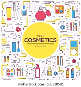 Thin line makeup tools modern illustration concept. Infographic cosmetic equipment for beauty. Icons on isolated white background. Flat vector template design for web and mobile application.