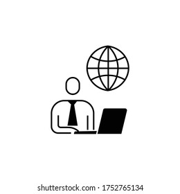 Thin line man with laptop and round internet or globe vector on white background. Human icon working in the office or home with laptop. Minimalist business icons. Simple workplace symbols.