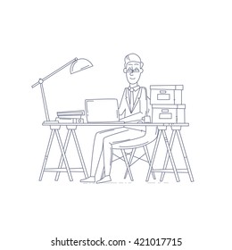 Thin line man sitting at the table and working on the computer. Business, office work, workplace. Flat design vector illustration.