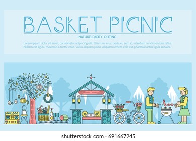 Thin line man and woman standing at grill and cooking food together during the picnic in nature concept.  Flat outline people cooking vector illustration concept design.