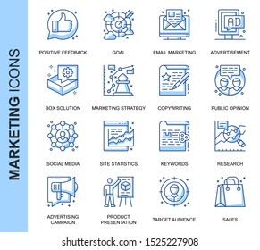 Thin Line Marketing Related Vector Icons Set for Website and Mobile Site and Apps. Outline icons design. Contains such Icons as Email Marketing, Social Media, Solution and more. Linear Pictogram Pack.