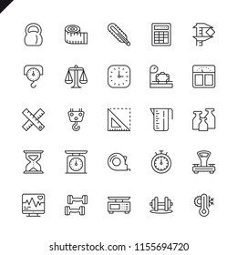 Thin line measuring, measure elements icons set for website and mobile site and apps. Outline icons design. 48x48 Pixel Perfect. Linear pictogram pack. Vector illustration.