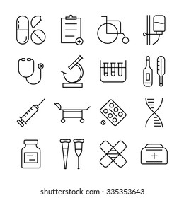 thin line medical items set. concept of healthcare, contour minimal emblems, illness, medicament, unhealthy, drug. isolated on white background. flat style trend modern logo design vector illustration