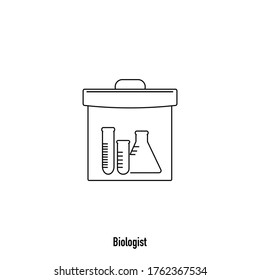 Thin line medical suitcase vector with test tubes on white background. Laboratory equipment icons with three test tubes. Minimalist health care symbols. Editable stroke. Eps10. 