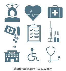 Colección de vectores médicos de línea delgada sobre fondo blanco; vacuna, caja de píldoras, enfermera, material médico, kit de primeros auxilios, cardiograma, corazón con pulso, íconos de poliéster y más. Iconos de atención médica mínimos
