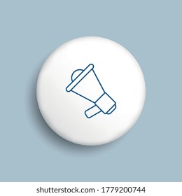 Dünne Linien-Megaphon-Symbol auf realistisch weißer Schaltfläche auf blauem Hintergrund