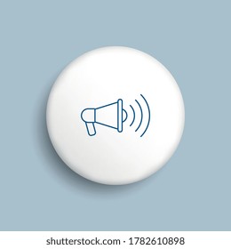 Thin line megaphone icon on realistic white button on a blue background