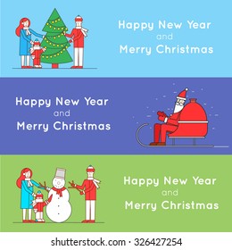 Thin line Merry Christmas and Happy New Year Santa Claus rides in a sleigh, family decorates Christmas tree, sculpts snowman family. 3 web banners and promotional materials flat design.