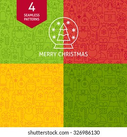 Thin Line Merry Christmas Holiday Patterns Set. Four Vector Winter Party Design and Seamless Background in Trendy Modern Line Style. Happy New Year