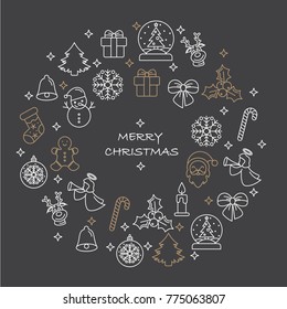 Thin line Merry Christmas icons set. Simple vector illustration elements. Candles gift boxes christmas tree wreath stocking candy cane bells holly decoration Merry Christmas, Santa Claus