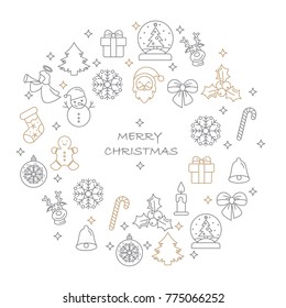 Thin line Merry Christmas icons set. Simple vector illustration elements. Candles gift boxes christmas tree wreath stocking candy cane bells holly decoration Merry Christmas, Santa Claus