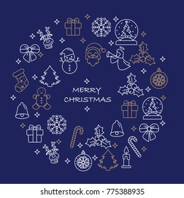 Thin line Merry Christmas icons set. Happy new year vector illustration elements. Candles gift boxes christmas tree wreath stocking candy cane bells holly decoration Merry Christmas, Santa Claus