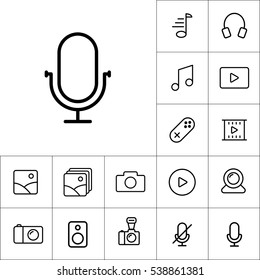 thin line microphone, mic icon on white background, multimedia icons set