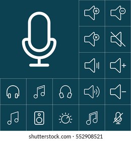 thin line microphone, mic icon on blue background, audio icons set