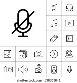 Thin Line Microphone, Mic Mute Icon On White Background, Multimedia Icons Set