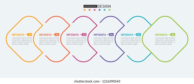 Thin line minimal element for infographic. Timeline with 6 options, connected, editable, steps or process. Template for presentation, diagram, report, web design.