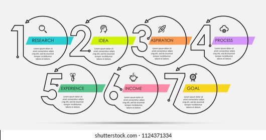 Thin line minimal Infographic design template with icons and 7 options or steps.  Can be used for process diagram, presentations, workflow layout, banner, flow chart, info graph.