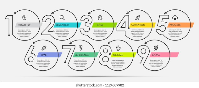 Thin line minimal Infographic design template and icons   9 options steps   Can be used for process diagram  presentations  workflow layout  banner  flow chart  info graph 