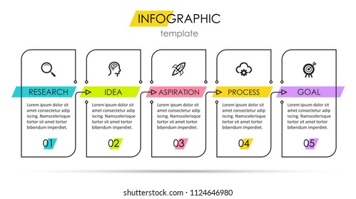 Thin line minimal Infographic design template with icons and 5 options or steps.  Can be used for process diagram, presentations, workflow layout, banner, flow chart, info graph.