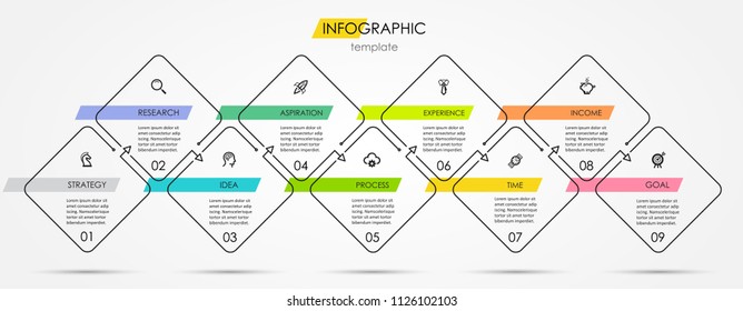 Thin line minimal Infographic design template with icons and 9 options or steps.  Can be used for process diagram, presentations, workflow layout, banner, flow chart, info graph.