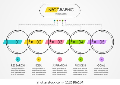 Thin line minimal Infographic design template with 5 options or steps.  Can be used for process diagram, presentations, workflow layout, banner, flow chart, info graph.