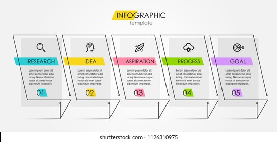 Thin line minimal Infographic design template with icons and 5 options or steps.  Can be used for process diagram, presentations, workflow layout, banner, flow chart, info graph.