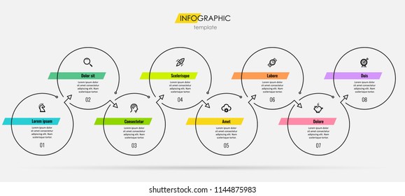 Thin line minimal Infographic design template with icons and 8 options or steps.  Can be used for process diagram, presentations, workflow layout, banner, flow chart, info graph.