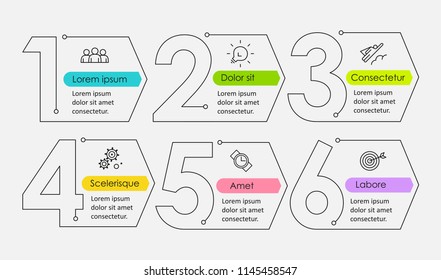 Thin line minimal Infographic design template with icons and 6 options or steps. Can be used for process diagram, presentations, workflow layout, banner, flow chart, info graph. Thin line minimal Infographic design template with icons and 6 options or steps. Can be used for process diagram, presentations, workflow layout, banner, flow chart, info graph.