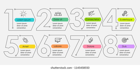 Thin line minimal Infographic design template with icons and 8 options or steps. Can be used for process diagram, presentations, workflow layout, banner, flow chart, info graph. Thin line minimal Infographic design template with icons and 8 options or steps. Can be used for process diagram, presentations, workflow layout, banner, flow chart, info graph.