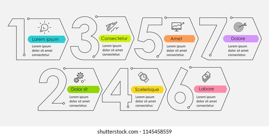 Thin line minimal Infographic design template with icons and 7 options or steps.  Can be used for process diagram, presentations, workflow layout, banner, flow chart, info graph.