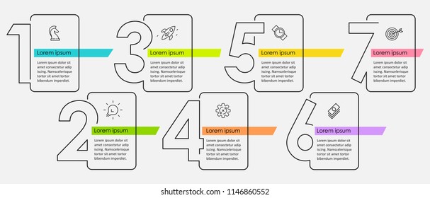 Thin line minimal Infographic design template with icons and 7 options or steps.  Can be used for process diagram, presentations, workflow layout, banner, flow chart, info graph.