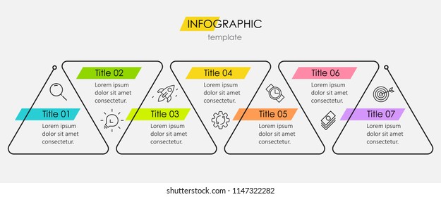 Thin line minimal Infographic design template with icons and 7 options or steps. Can be used for process diagram, presentations, workflow layout, banner, flow chart, info graph. Thin line minimal Infographic design template with icons and 7 options or steps. Can be used for process diagram, presentations, workflow layout, banner, flow chart, info graph.