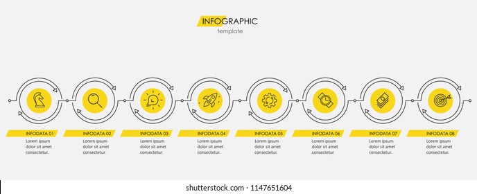 Thin line minimal Infographic design template with icons and 8 options or steps.  Can be used for process diagram, presentations, workflow layout, banner, flow chart, info graph.