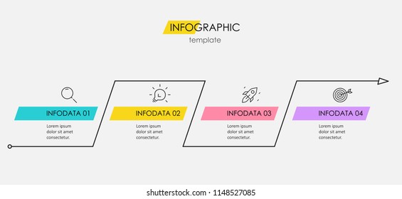 Thin line minimal Infographic design template with icons and 4 options or steps.  Can be used for process diagram, presentations, workflow layout, banner, flow chart, info graph.