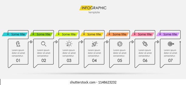 Thin Line Minimal Infographic Design Template With Icons And 7 Options Or Steps.  Can Be Used For Process Diagram, Presentations, Workflow Layout, Banner, Flow Chart, Info Graph.