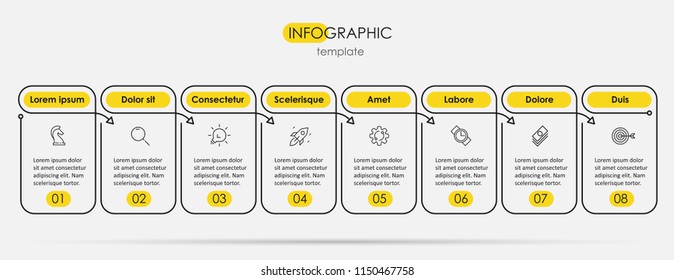Thin line minimal Infographic design template with icons and 8 options or steps.  Can be used for process diagram, presentations, workflow layout, banner, flow chart, info graph.