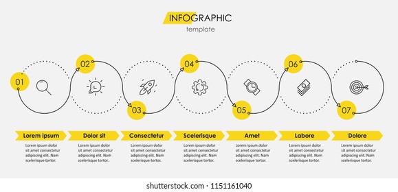 Thin Line Minimal Infographic Design Template With Icons And 7 Options Or Steps.  Can Be Used For Process Diagram, Presentations, Workflow Layout, Banner, Flow Chart, Info Graph.