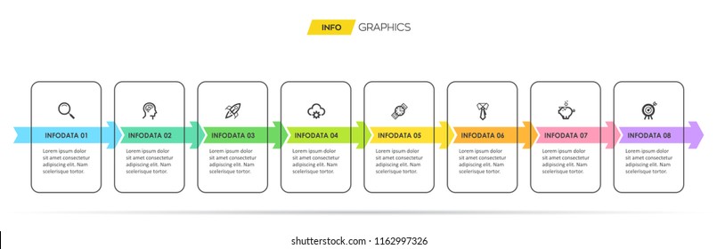 Thin line minimal Infographic design template with icons and 8 options or steps.  Can be used for process diagram, presentations, workflow layout, banner, flow chart, info graph.