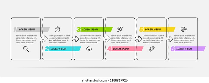 Thin line minimal Infographic design template with icons and 6 options or steps.  Can be used for process diagram, presentations, workflow layout, banner, flow chart, info graph.