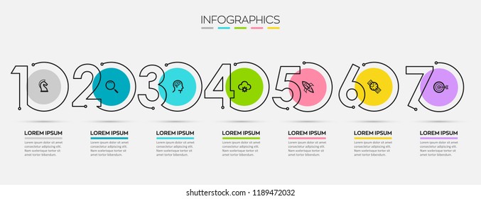 Thin line minimal Infographic design template with icons and 7 options or steps.  Can be used for process diagram, presentations, workflow layout, banner, flow chart, info graph.