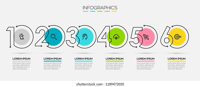 Thin Line Minimal Infographic Design Template With Icons And 6 Options Or Steps.  Can Be Used For Process Diagram, Presentations, Workflow Layout, Banner, Flow Chart, Info Graph.