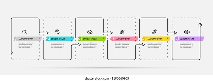 Thin line minimal Infographic design template with icons and 6 options or steps.  Can be used for process diagram, presentations, workflow layout, banner, flow chart, info graph.
