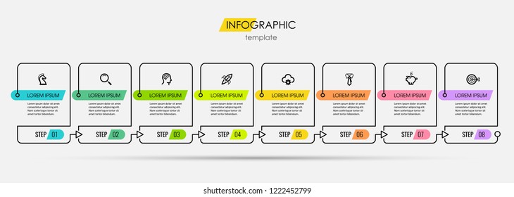 Thin line minimal Infographic design template with icons and 8 options or steps.  Can be used for process diagram, presentations, workflow layout, banner, flow chart, info graph.