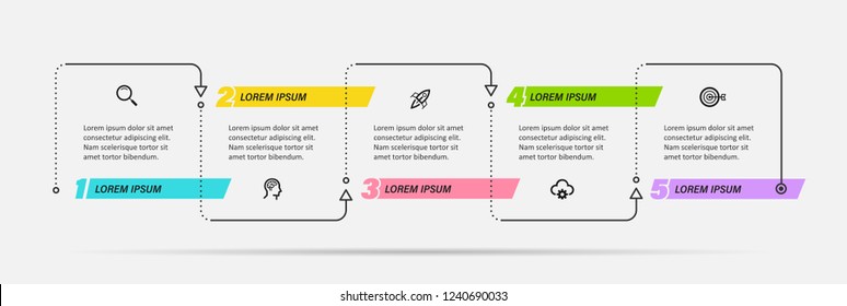 Thin line minimal Infographic design template with icons and 5 options or steps.  Can be used for process diagram, presentations, workflow layout, banner, flow chart, info graph.