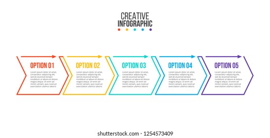 Thin line minimal infographic design template with arrows and 5 options or steps. Can be used for workflow layout, diagram, number options, web design.